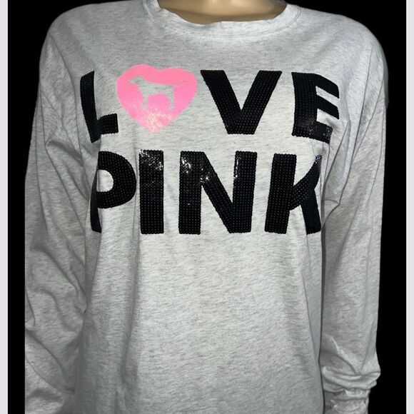 Victoria’s Secret Pink Originals bling sequins campus tee shirt long sleeve Gray - Picture 5 of 8